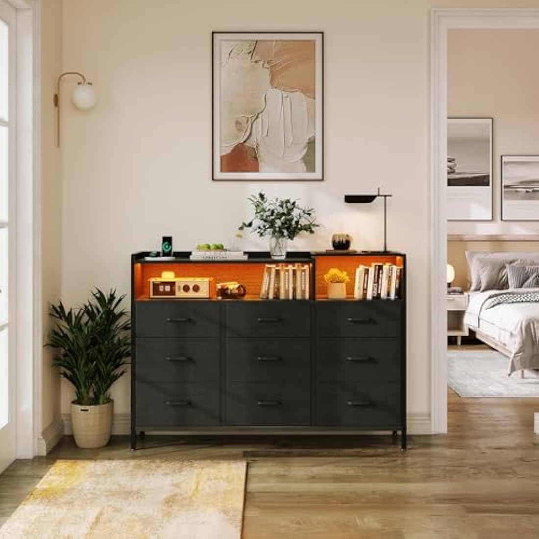 ODK 9-Drawer Dresser with LED Lights and Charging Station – Black Fabric