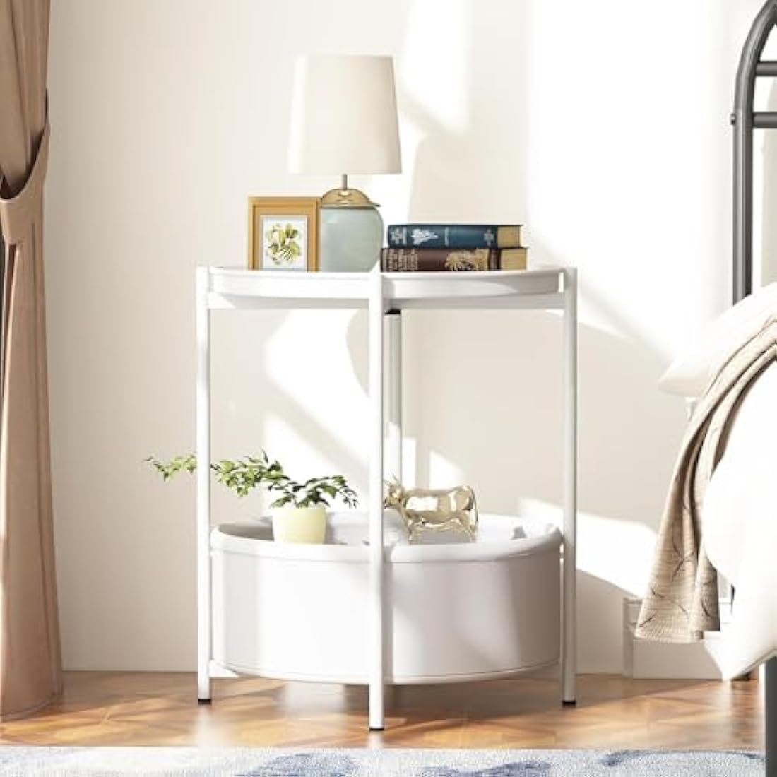Round End Table with Storage Basket and Removable Tray – White