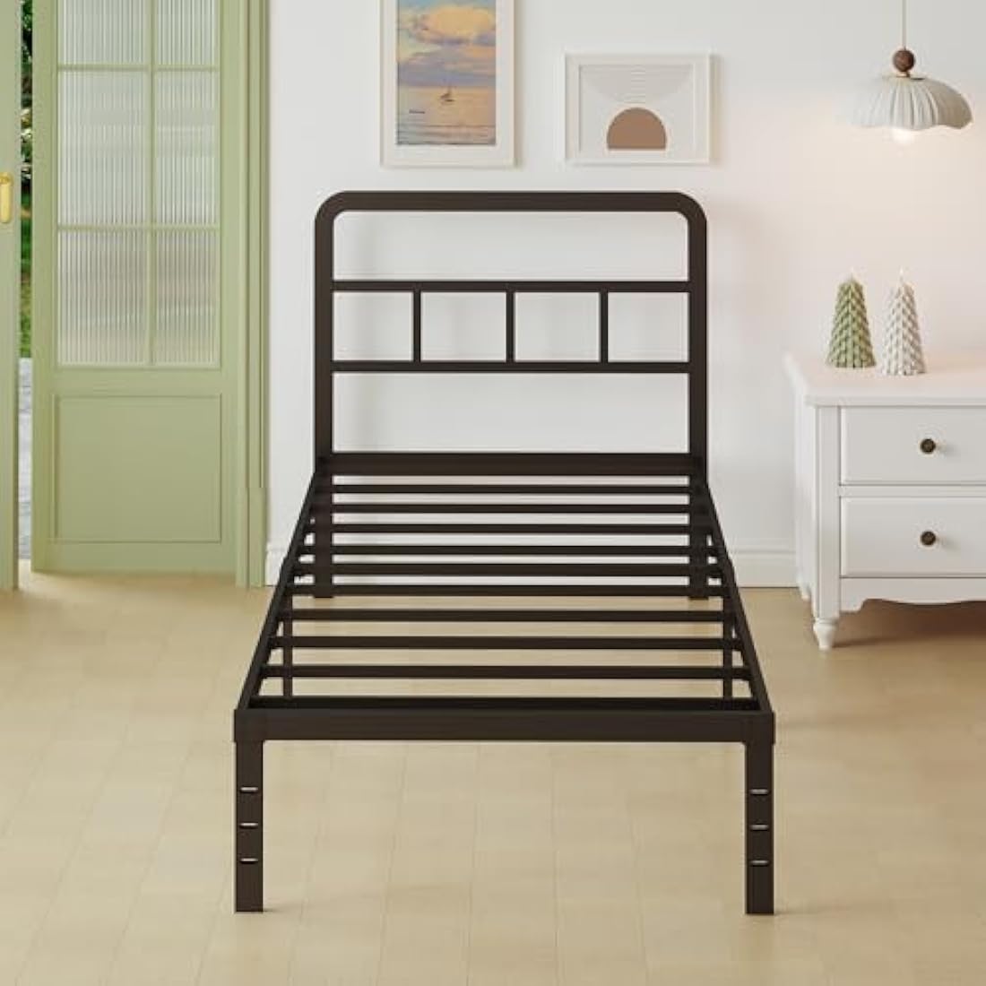 Lutown-Teen Black Metal Single Bed Frame with Storage