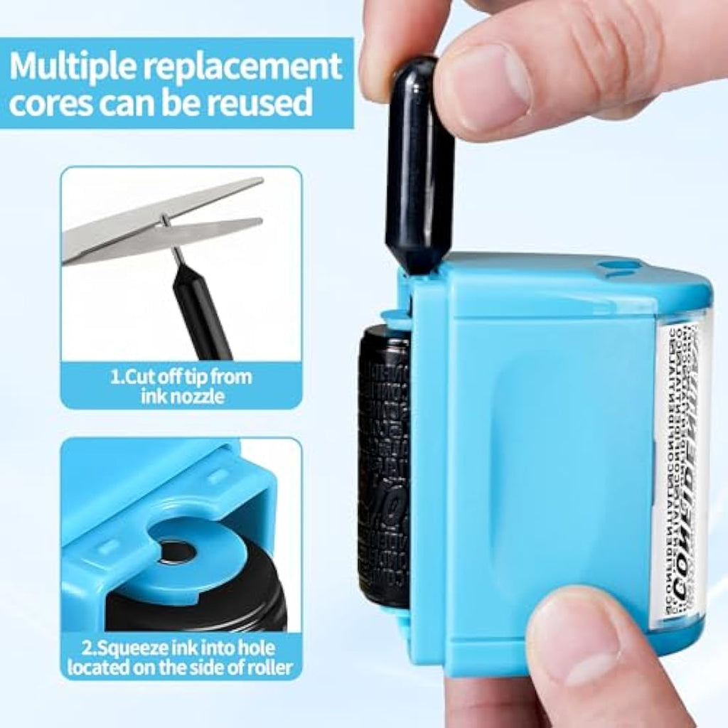 Lindastas Identity Theft Protection Roller Stamp with 3-Pack Refills - Blue