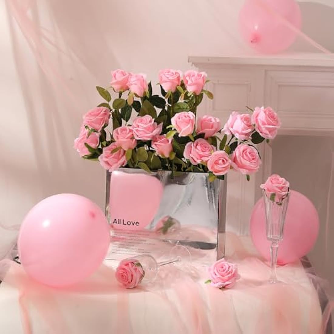 12PCS Artificial Silk Roses – 21" Long Stem Fake Flowers, Pink