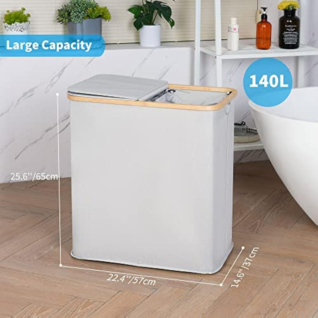 efluky 140L Double Laundry Basket with Lid - Bamboo & Linen Hamper