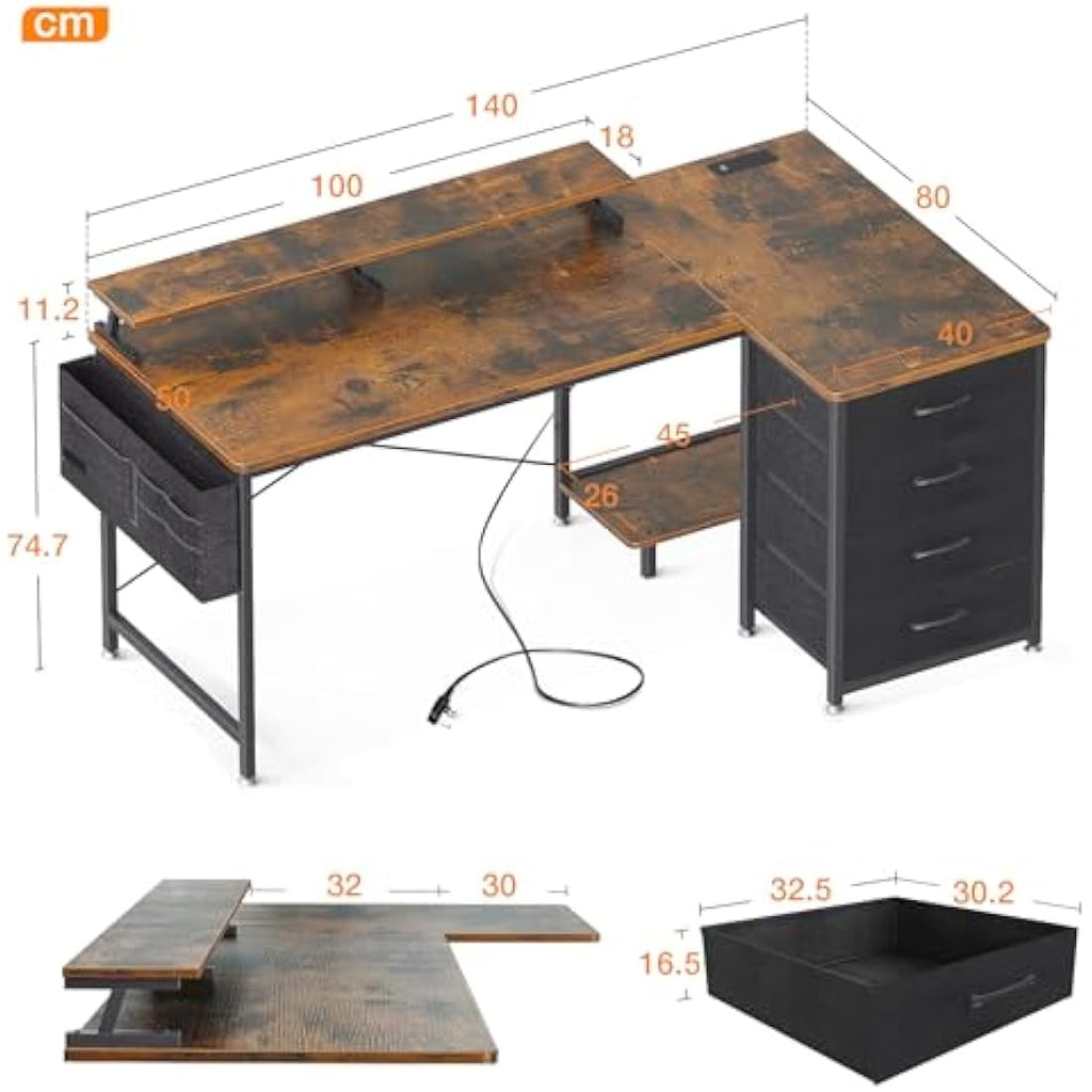 ODK L-Shaped Corner Desk with Drawers, Power Outlets & Monitor Stand