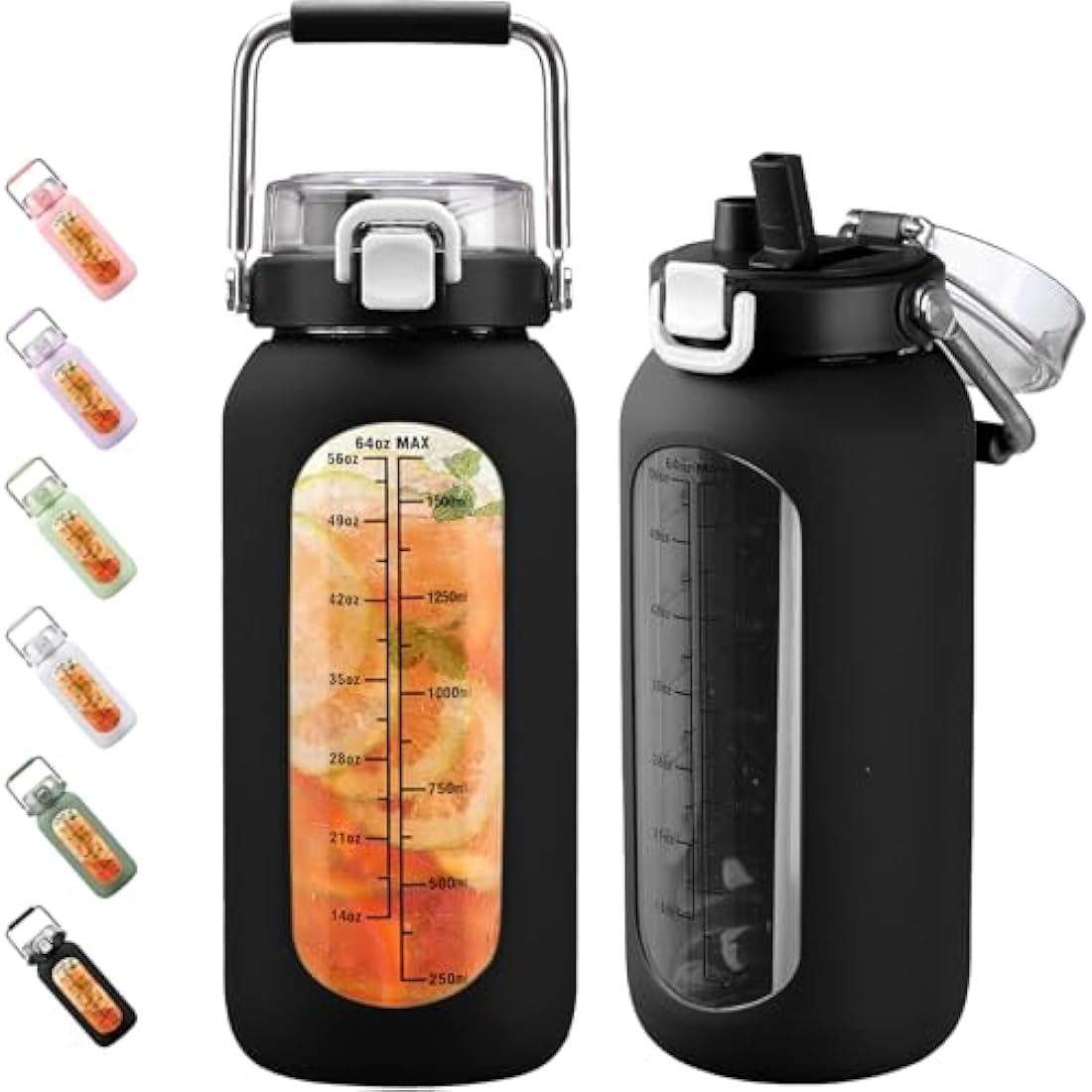 BLUEGO 2L Glass Water Bottle with Time Marker and Silicone Sleeve – Black