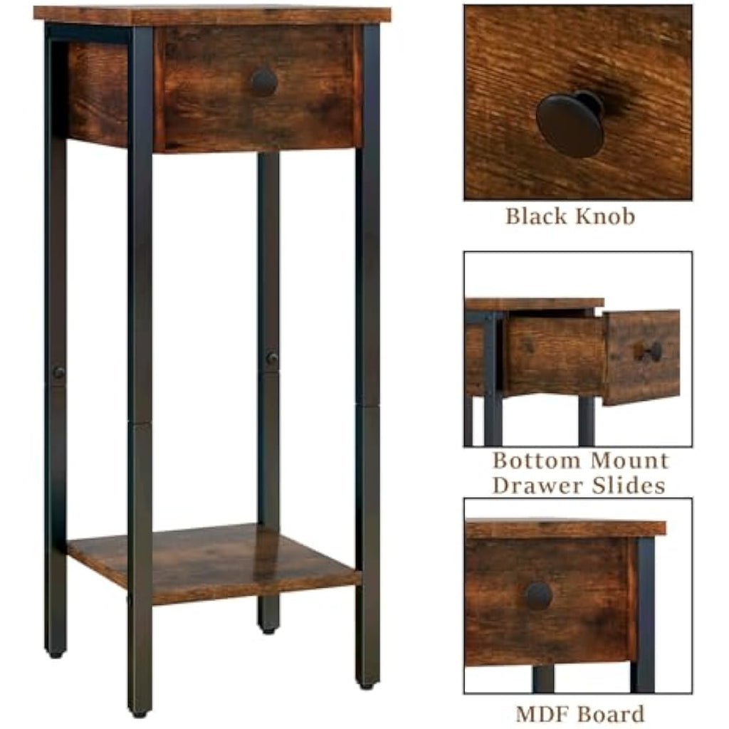 IBUYKE Narrow Nightstand Set of 2 | Slim Industrial Bedside Table, Brown