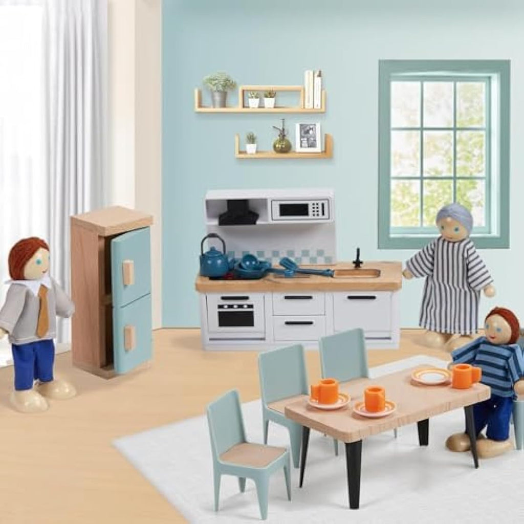 Giant Bean Wooden Dollhouse Furniture Set | 36pcs with 4 Family Dolls