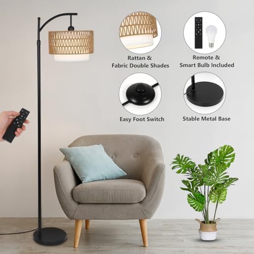 Rayofly Arc Floor Lamp | Dimmable Boho Standing Lamp with Rattan Shade
