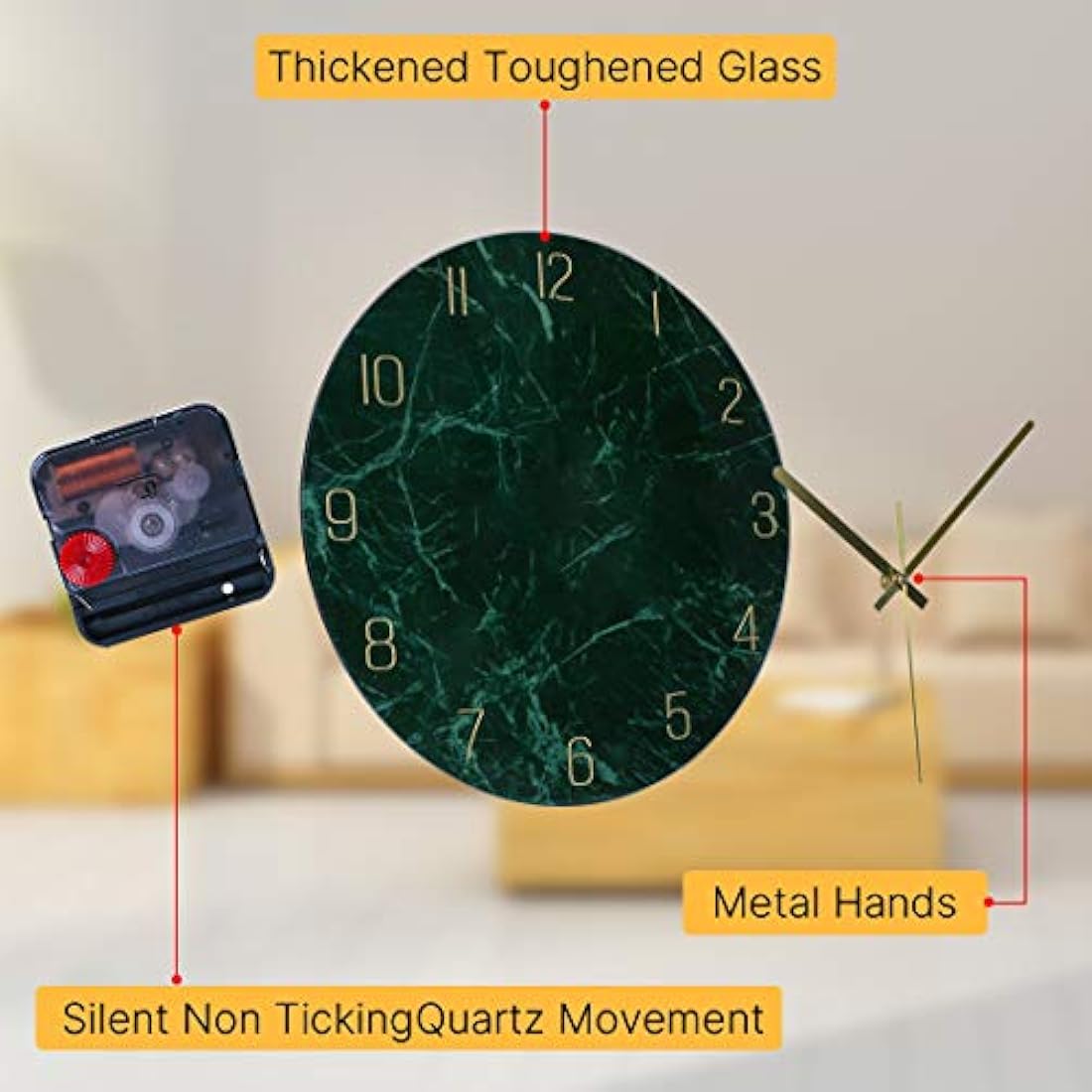 VIKMARI 12 Inch Glass Wall Clock | Silent Non-Ticking Quartz - Dark Green
