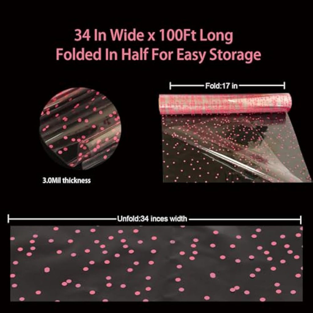 Jolof Store Pink Polka Dot Clear Cellophane Wrap Roll - 34in x 100ft