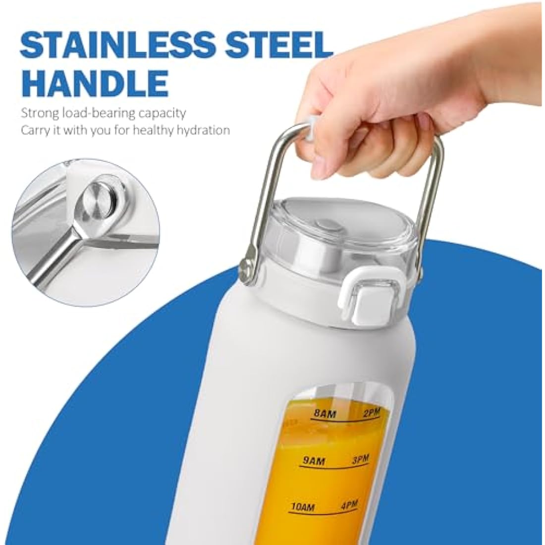 BLUEGO 2L Glass Water Bottle with Time Marker and Straw – White