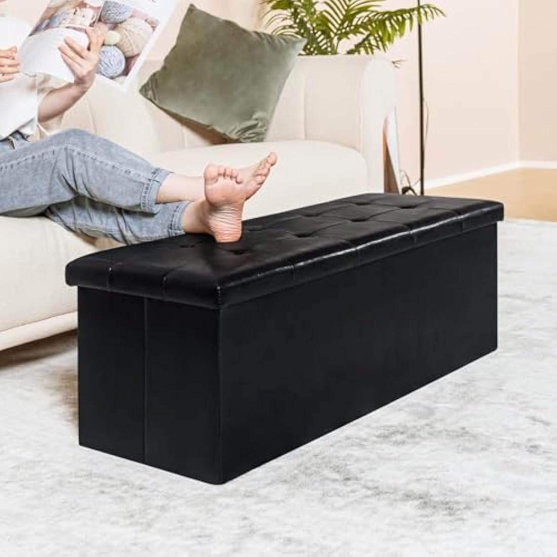 Bonlife Folding Storage Ottoman Bench | Faux Leather Toy Chest – 110cm