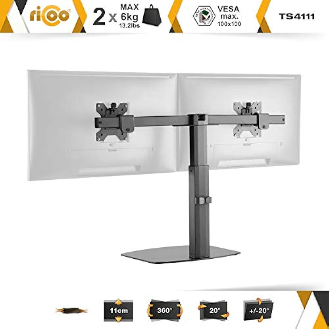 RICOO Dual Monitor Mount – Gas Spring Desktop Stand for 17-27 Inch Screens