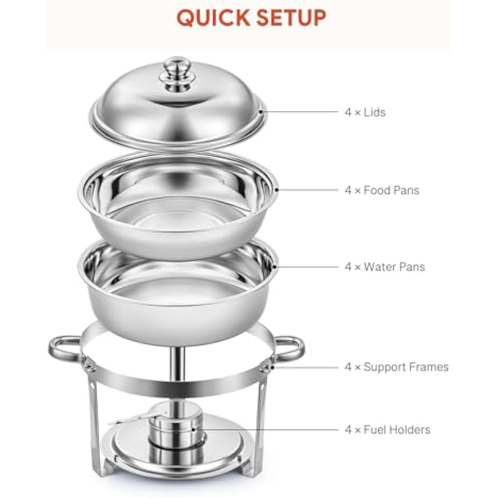 Wilprep 4-Pack Round Chafing Dish Buffet Set | 5L Stainless Steel Food Warmers