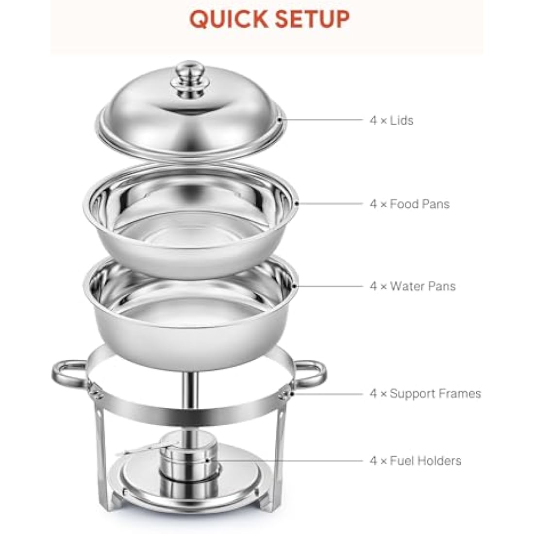 Wilprep 4-Pack Round Chafing Dish Buffet Set | 5L Stainless Steel Food Warmers