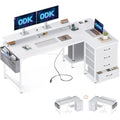 ODK L-Shaped Corner Desk with Drawers, Power Outlets & Monitor Stand - White