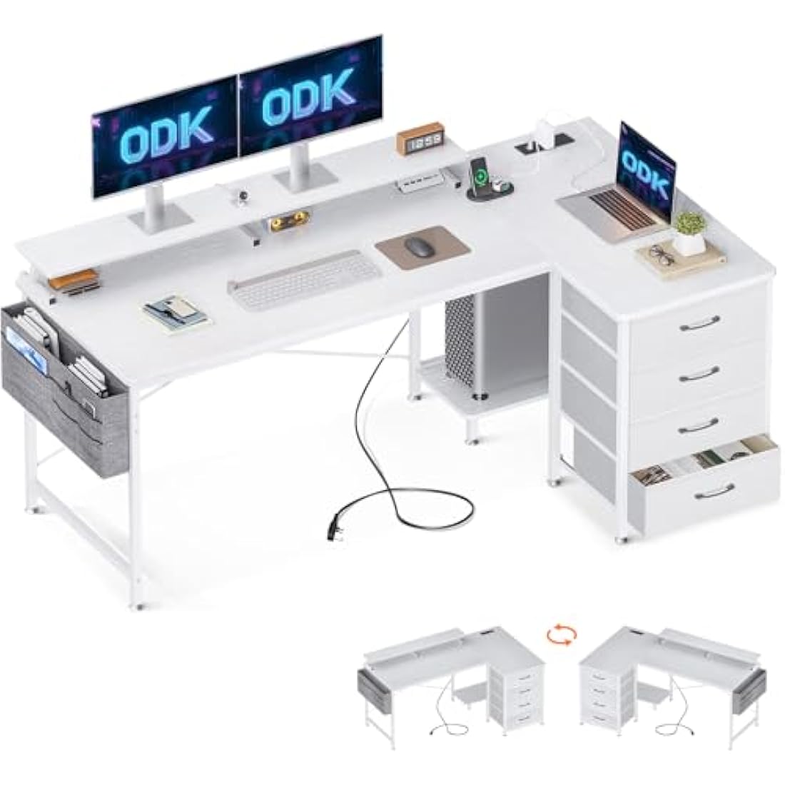 ODK L-Shaped Corner Desk with Drawers, Power Outlets & Monitor Stand - White