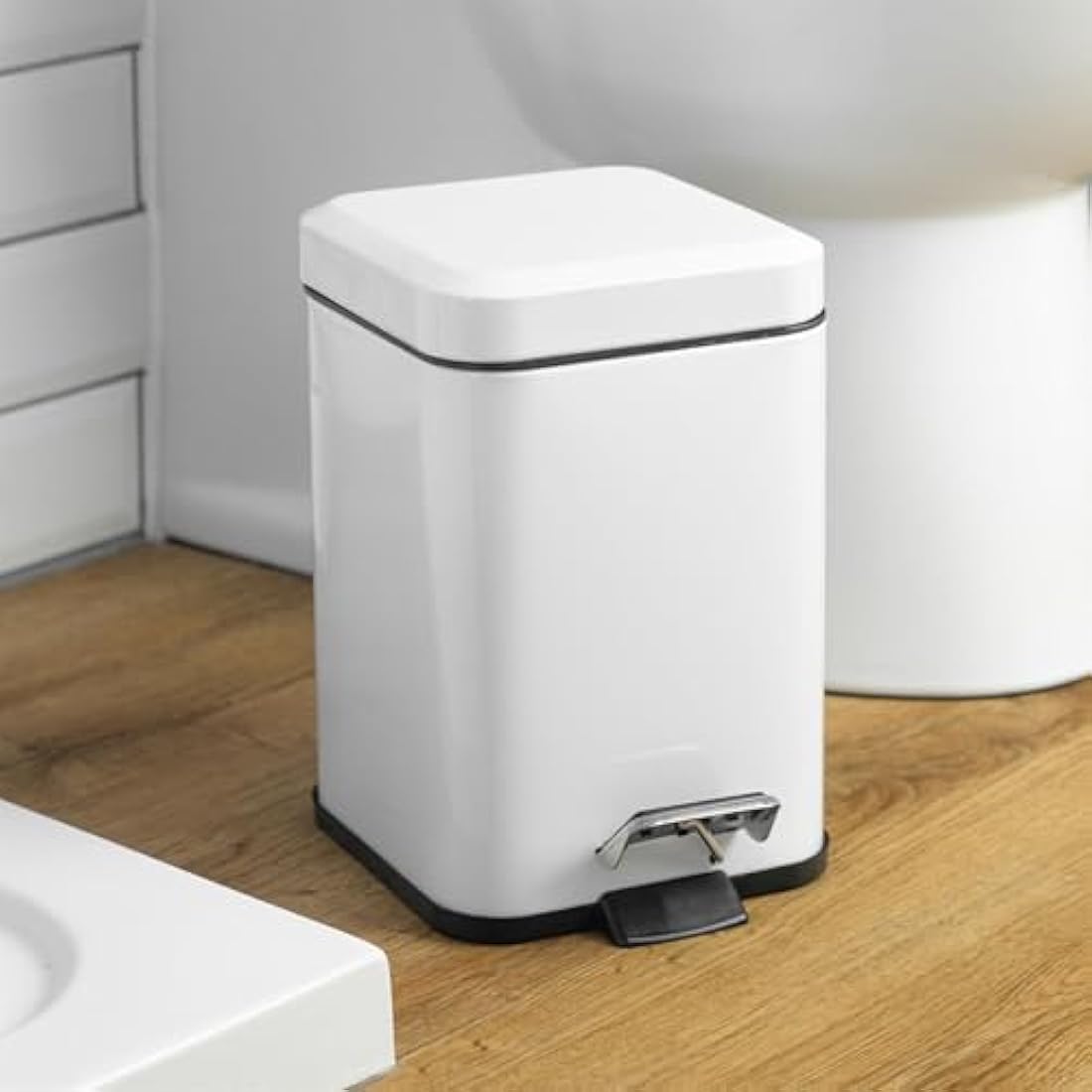 White Stainless Steel Bathroom Pedal Bin & Toilet Brush Set