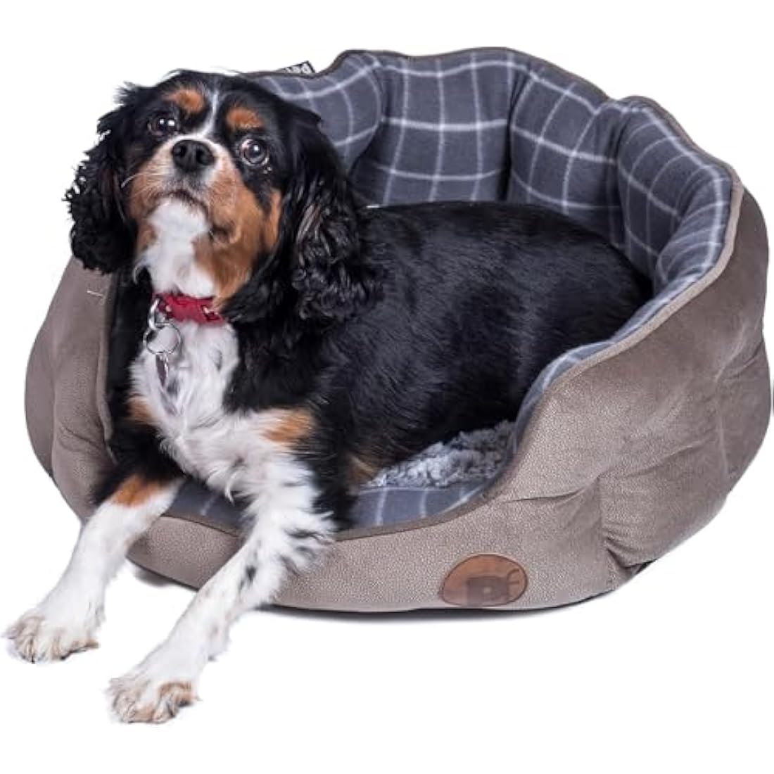 Petface Bamboo Oval Dog Bed – Medium Plush Grey Check Pet Bed