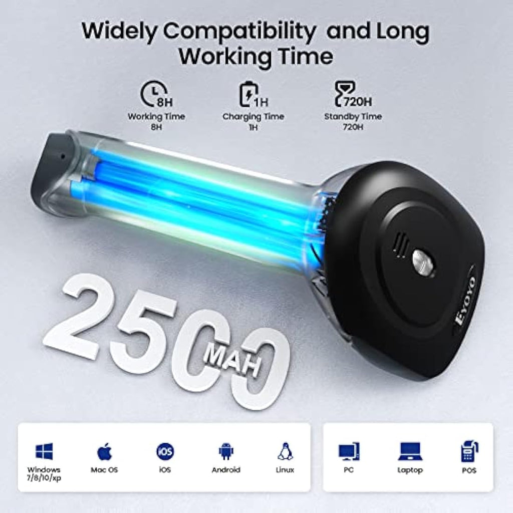 Eyoyo 2D Wireless Barcode Scanner with Stand | 2500mAh Handheld QR Reader
