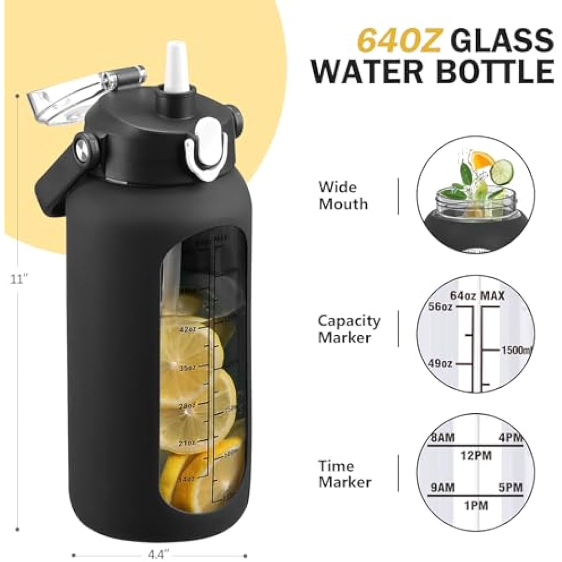 HYDRAGLAZIC 2L Glass Water Bottle | 2 Liter Large Jug with Time Marker