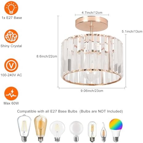 Jolof Store Crystal Ceiling Light – Modern Rose Gold Semi Flush Mount Lamp