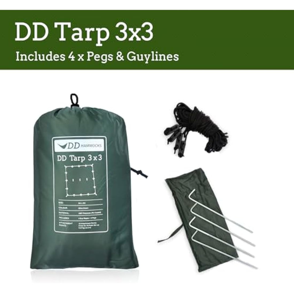 DD Hammocks Tarp 3x3 | Olive Green Waterproof Lightweight Camping Shelter