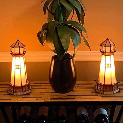 Bieye Lighthouse Tiffany Style Stained Glass Accent Table Lamp - 12" H
