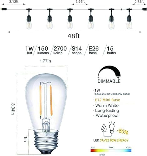Svater 48FT Outdoor LED String Lights – IP65 Waterproof Festoon Lights