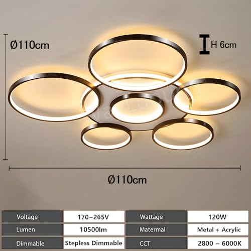 Jolof Store Modern 7-Ring LED Ceiling Light | 120W Dimmable Black Lamp