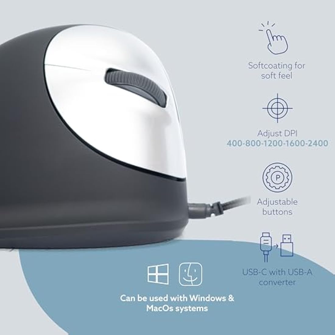 R-Go HE Ergonomic Vertical Mouse | Wired, Right Handed, Medium, Black