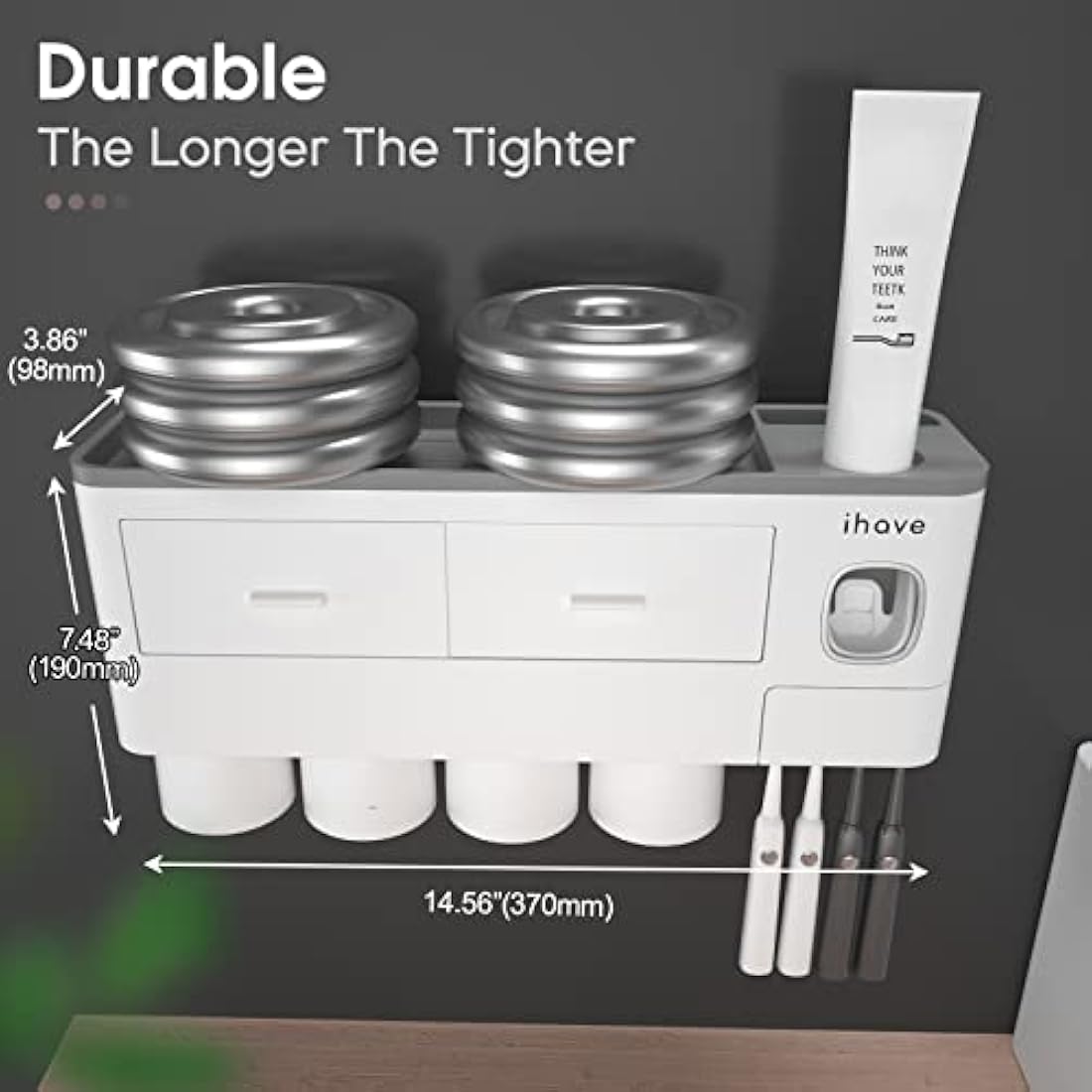 iHave Wall Mounted Toothbrush Holder with 4 Cups & Toothpaste Dispenser