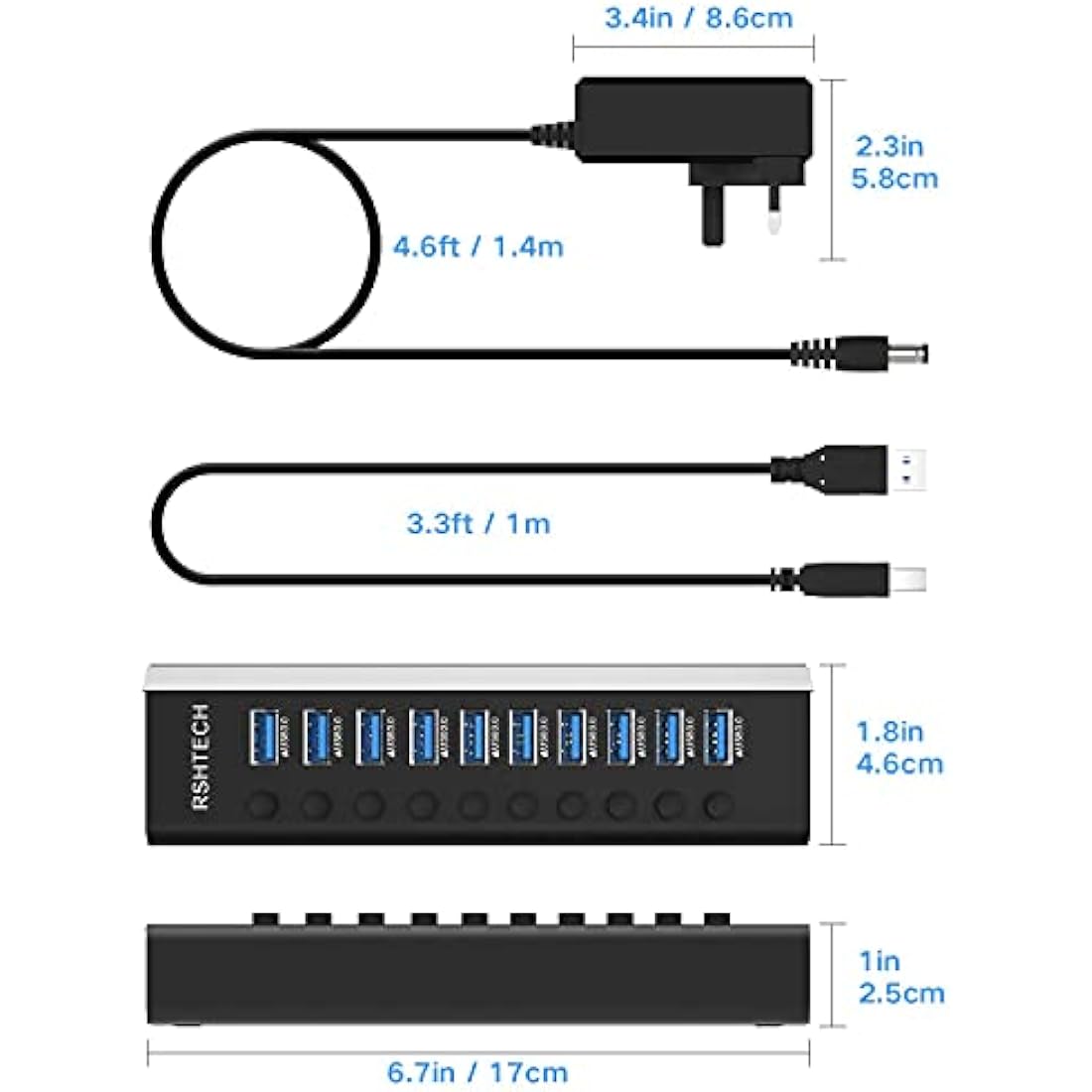 RSHTECH 10-Port Powered USB 3.0 Hub | Aluminum Data Hub with 12V Adapter