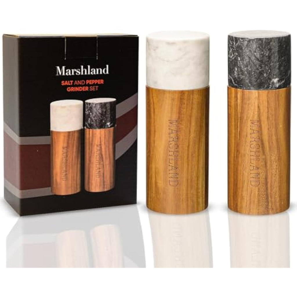 Jolof Store Acacia Wood and Marble Salt and Pepper Grinder Set