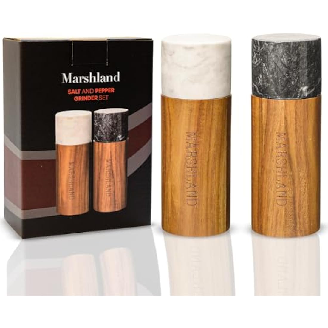 Jolof Store Acacia Wood and Marble Salt and Pepper Grinder Set