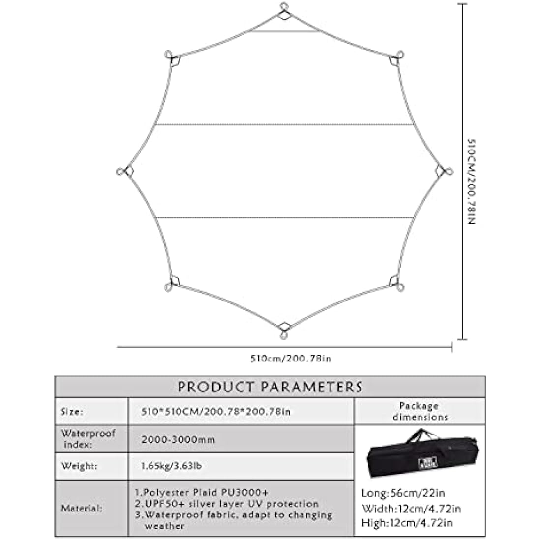 5x5m Waterproof Octagon Camping Tarp – UV Sun Shelter