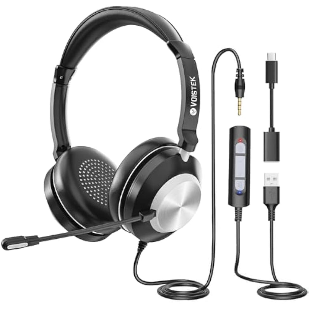 Voistek USB Headset with Noise Cancelling Mic | 3-in-1 Wired PC Headphone