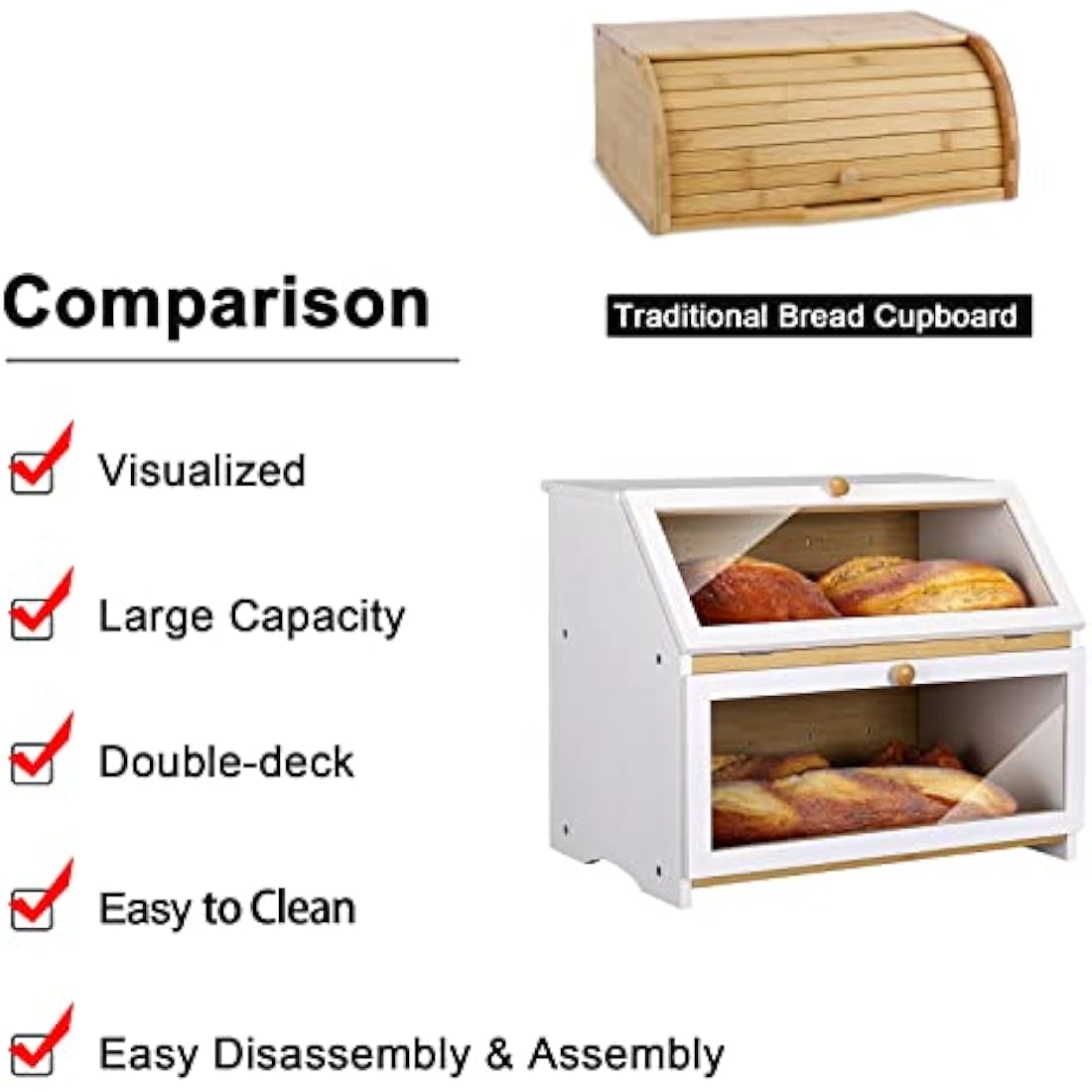 Leader Accessories Large 2-Layer Bamboo Bread Box – White Kitchen Storage