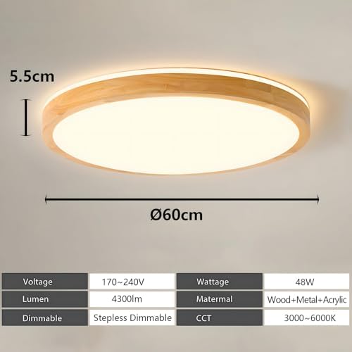 YYUTLUO Round Wood LED Ceiling Light – 48W Dimmable Flush Mount Lamp 60cm