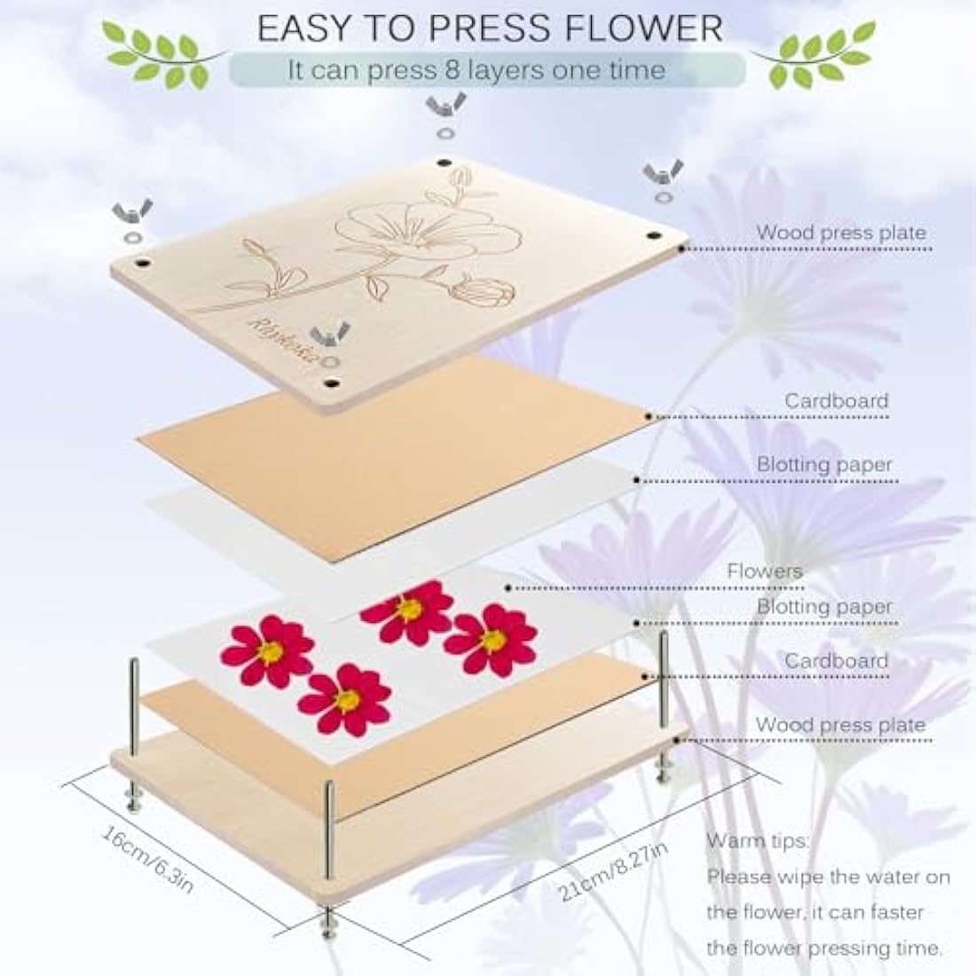Rhykoka Flower Press Kit – 8-Layer Wooden Leaf Pressing Kit for DIY Art