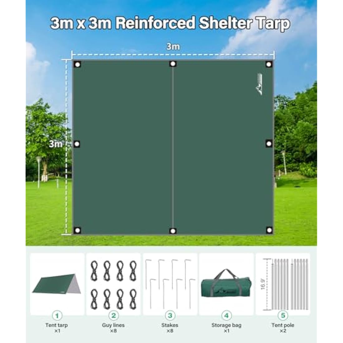 WADEO 3x3m Camping Tent Tarp | Waterproof UV Sunshade Hammock Rain Fly