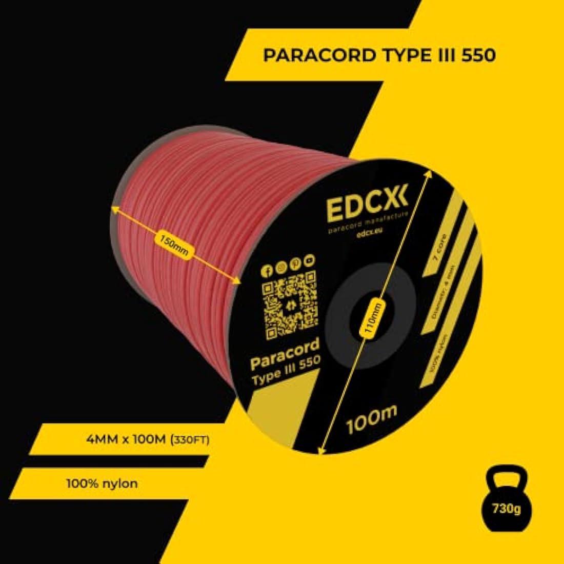 EDCX 550 Paracord Type III – 4mm Nylon Rope for Camping and DIY Crafting