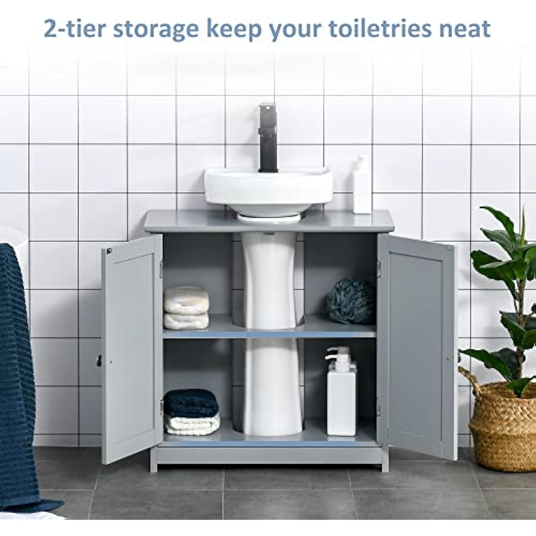 kleankin Under-Sink Bathroom Storage Cabinet – Adjustable Shelf, Grey