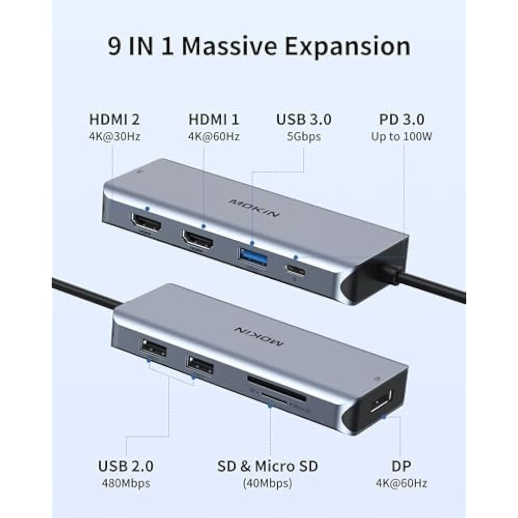 9-in-1 USB C Docking Station – Triple Monitor 4K HDMI Adapter