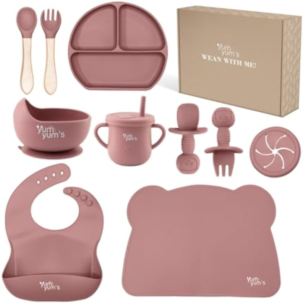 Yum Yum's Baby 10-Piece Silicone Weaning Set | Suction Plate & Bib - Pink