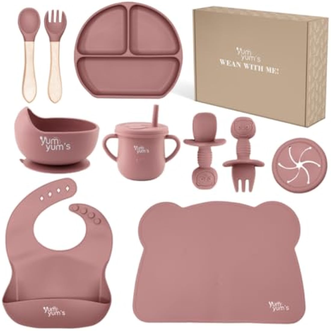 Yum Yum's Baby 10-Piece Silicone Weaning Set | Suction Plate & Bib - Pink
