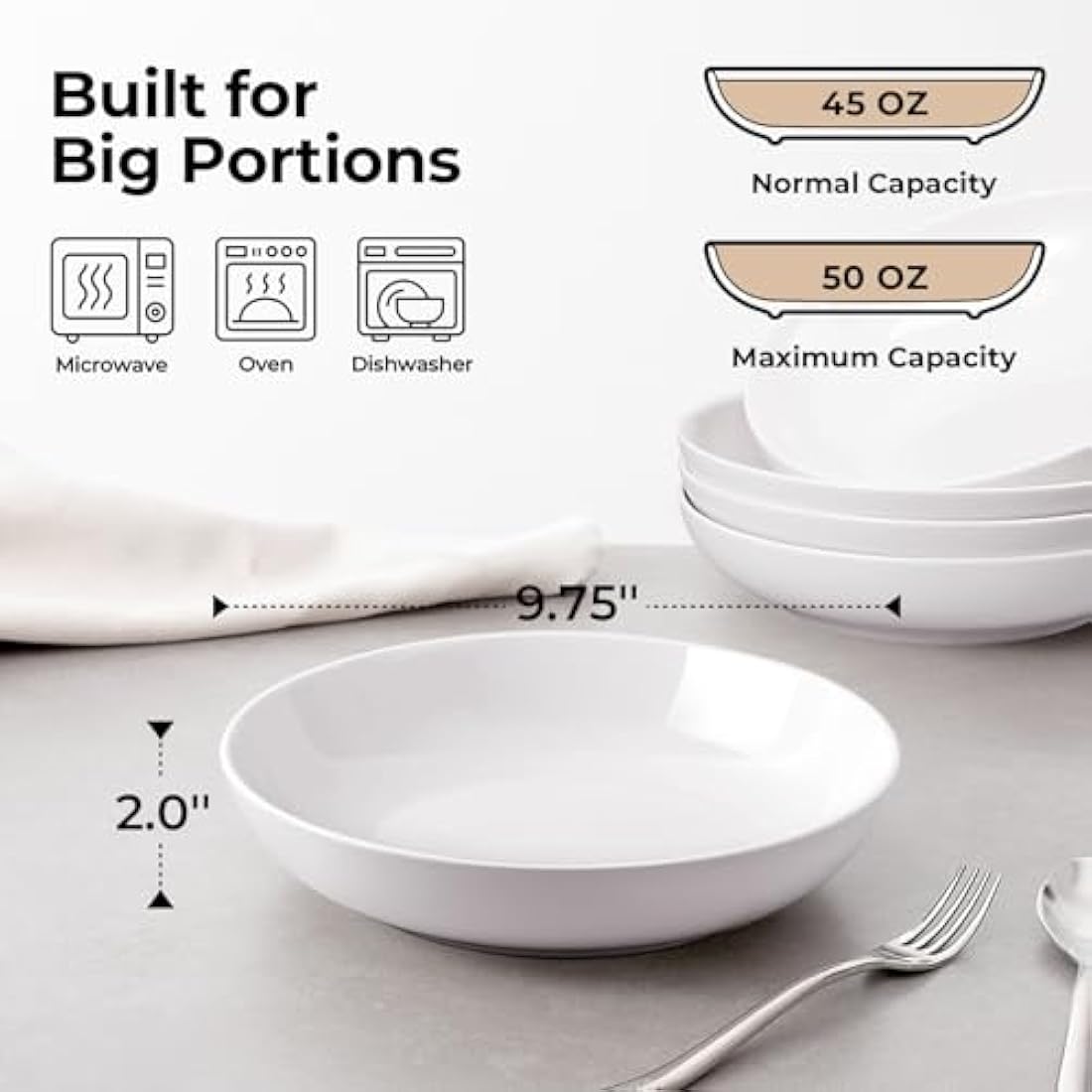 Large Ceramic Pasta Bowls - 50 oz White Salad Serving Set of 4