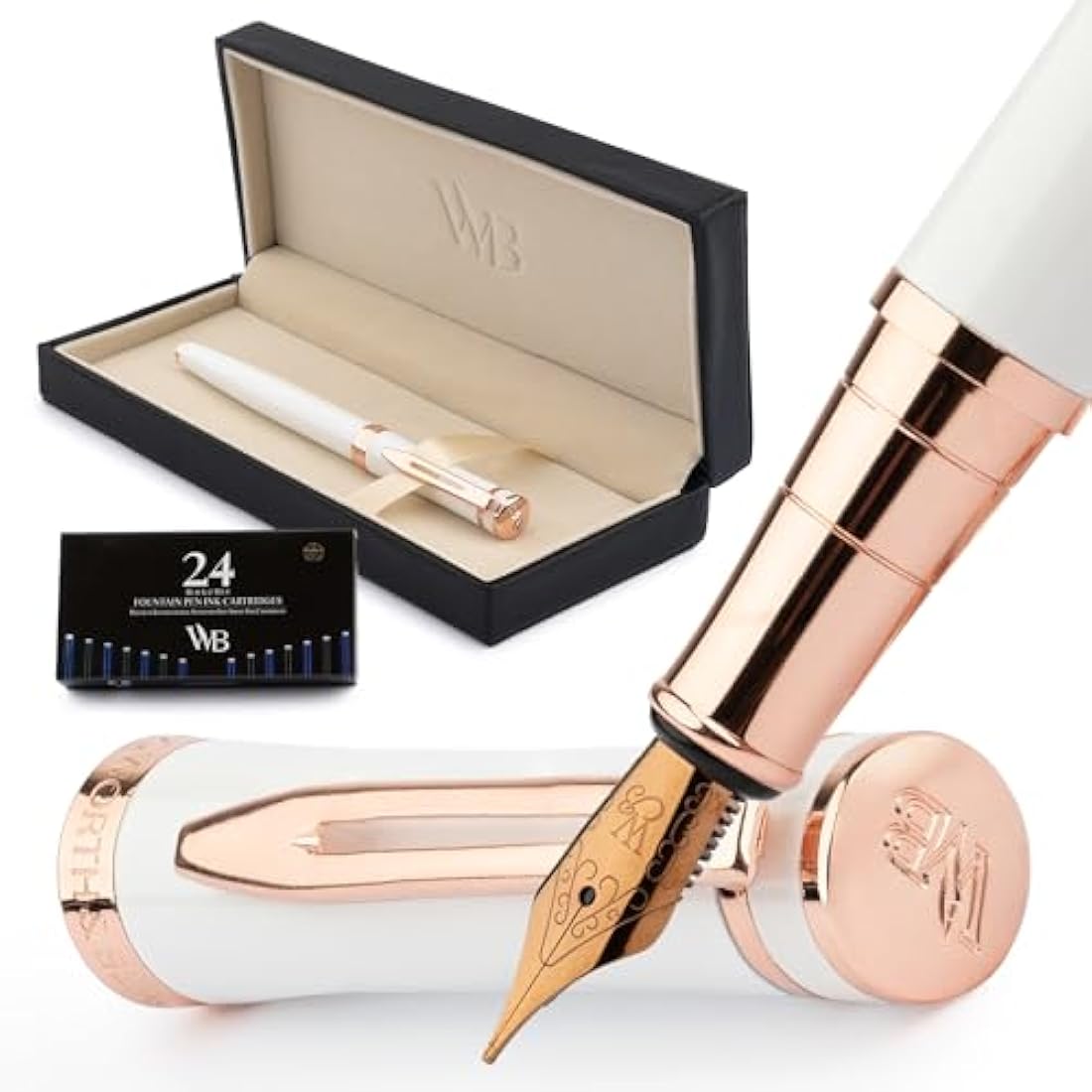 Wordsworth & Black Fountain Pen Set - 18K Gilded Nib - White Rose Gold