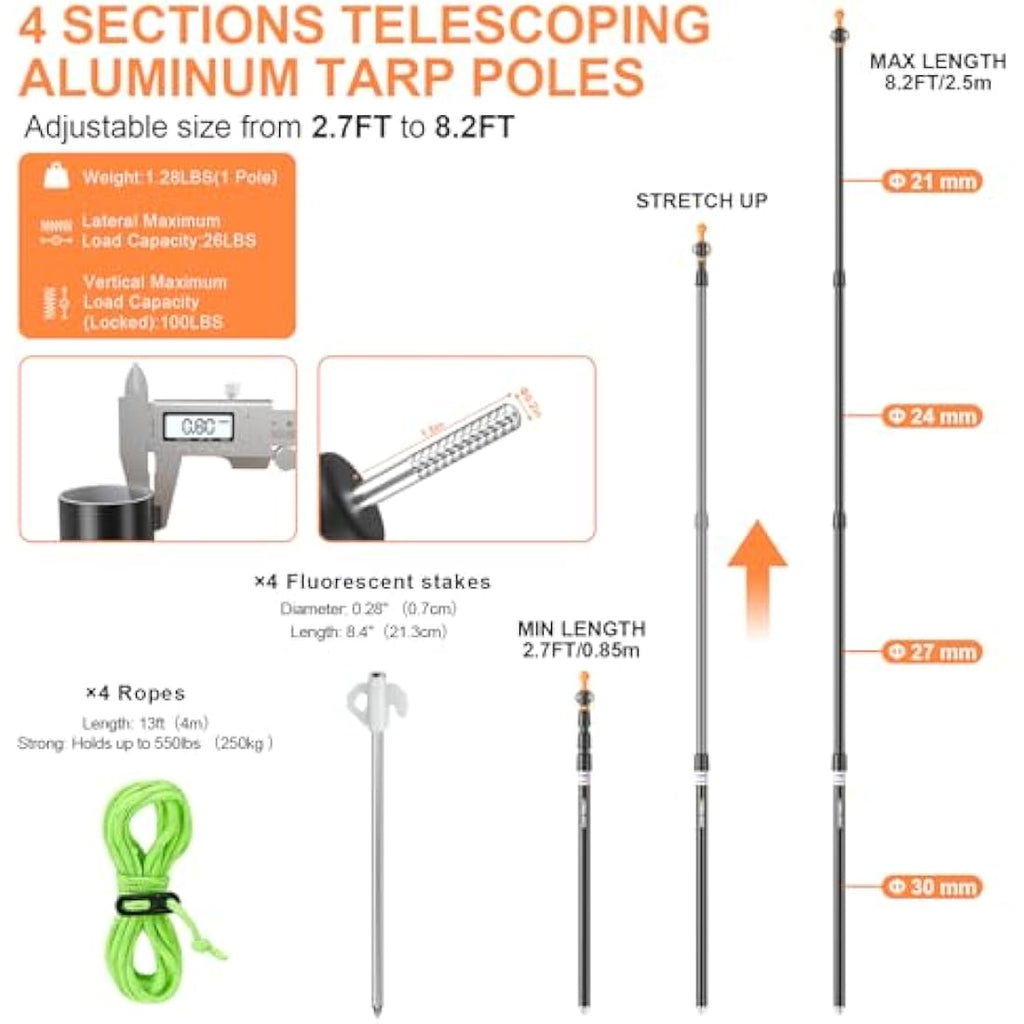 CAMULAND Heavy Duty Tarp Poles | Adjustable Aluminum Telescoping Tent Poles