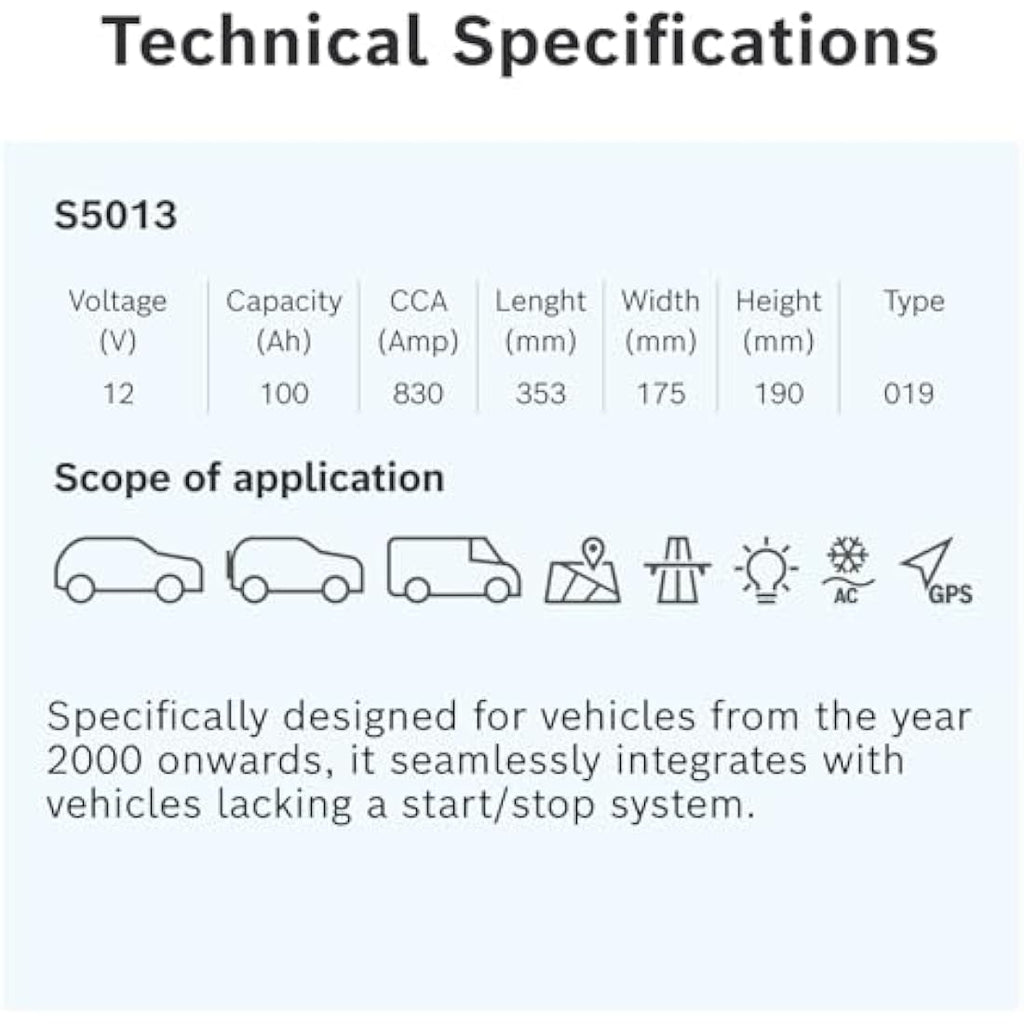 Bosch S5 013 Car Battery | 100Ah 830A 12V | Type 019 Lead-Acid