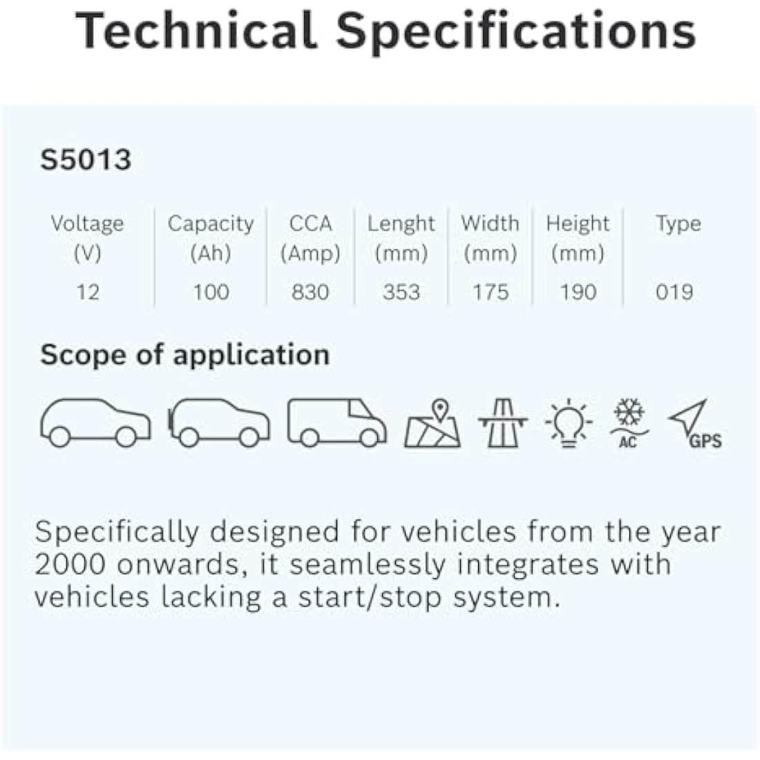 Bosch S5 013 Car Battery | 100Ah 830A 12V | Type 019 Lead-Acid